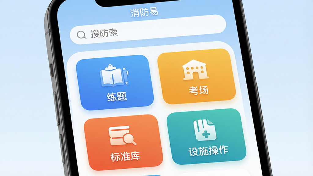 消防易软件主界面预览图,画面展示手机屏幕内嵌APP界面,上方为搜索栏与“消防易”APP字样,中间以卡片式布局陈列“练题”、“考场”、“标准库”、“设施操作”四大彩色功能图标,背景为淡蓝色渐变,风格现代简洁,UI设计注重圆角与留白,整体画质高清,干净无多余元素。