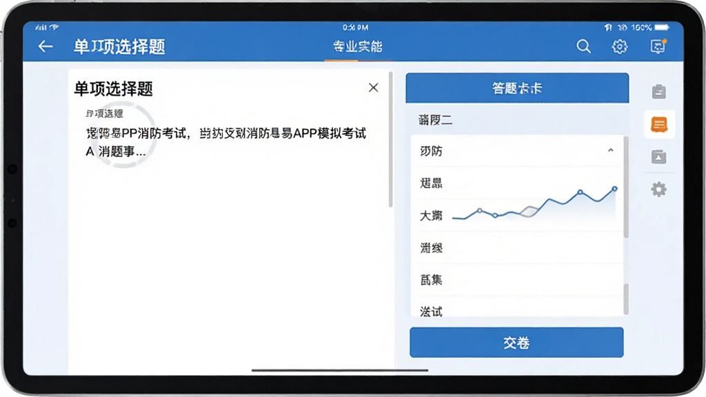 消防易APP模拟考试答题界面截图预览,平板电脑横屏布局,左侧为题目区显示“单项选择题”字样与题干,右侧为答题卡,底部有“交卷”按钮,界面以蓝白配色为主,风格清爽专业,UI设计精细,画质高清,干净无多余元素。