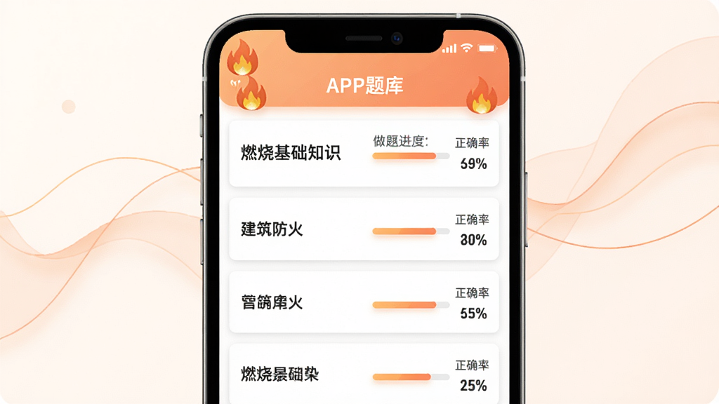 消防易APP题库练习功能页面,手机竖屏展示,列表显示“燃烧基础知识”、“建筑防火”等章节名称,右侧显示做题进度条与正确率百分比,背景有淡橙色柔和装饰线条,风格现代扁平化,画质高清,干净无多余元素。