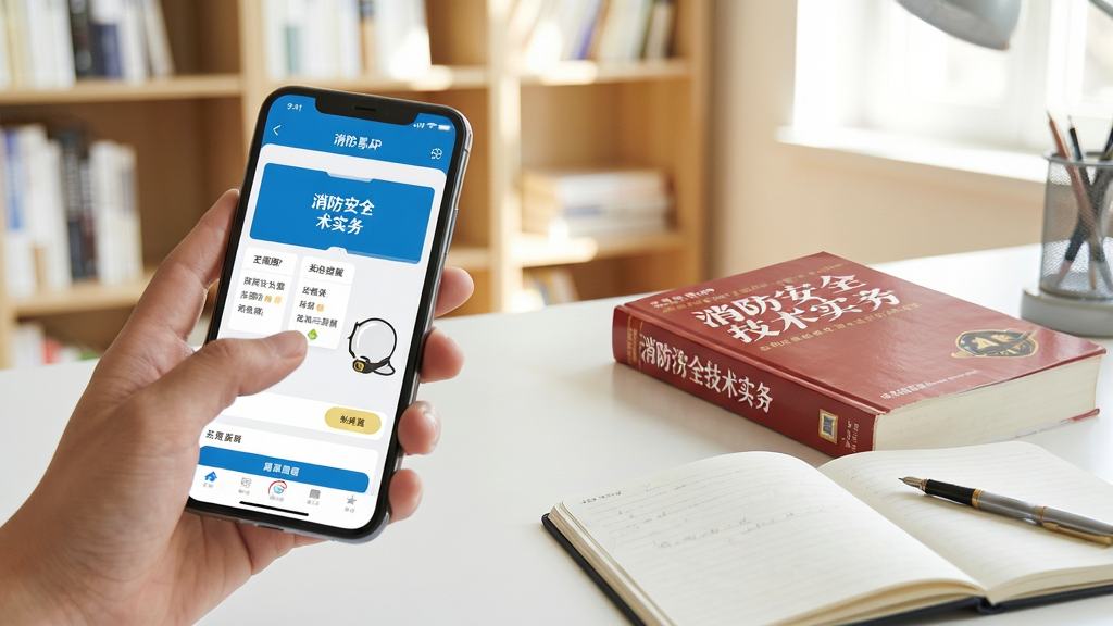 消防易APP使用场景示意图,画面左侧为一只手拿着手机正在点击屏幕,手机屏幕显示刷题界面,右侧桌面摆放着《消防安全技术实务》教材与笔记本,背景为明亮的书房,构图自然,真实摄影风格,画质干净高清,无多余元素。