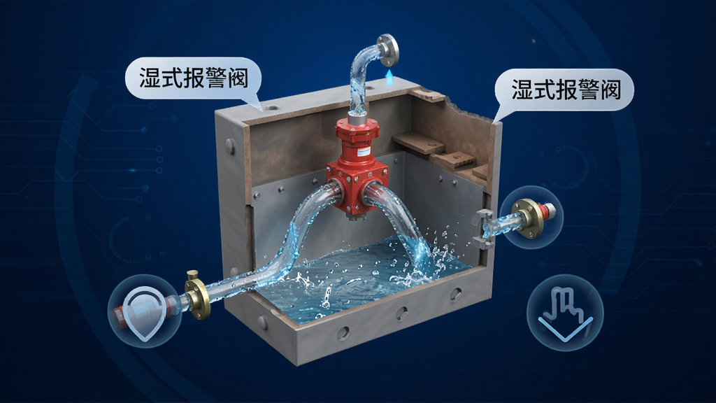 消防易APP内3D教学模块演示图,画面中央为一套自动喷水灭火系统的3D立体剖切模型,水流动态特效显示,周围有悬浮的点击热区与文字气泡标注“湿式报警阀”,背景为深蓝色科技感渐变,画质精细逼真,无多余元素。