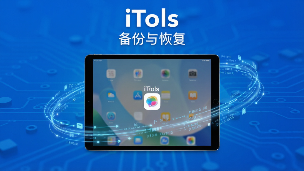 画面中显示iTools备份界面,中央有一台平板电脑,周围环绕数据流动线条,背景为科技蓝,上方有“iTools”与“备份与恢复”字样,整体风格现代简约,高清渲染,干净无多余元素