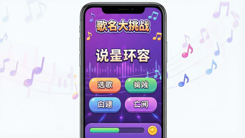 主体:一款名为“歌名大挑战”的手机游戏界面,屏幕上显示一句中文歌词和四个待选歌名选项,背景为渐变紫色音乐律动光效,音符符号点缀四周。布局:手机屏幕居中展示,界面清晰,歌词文字醒目,选项按钮圆润排列。排版:上方为游戏Logo“歌名大挑战”,中间为歌词与选项,底部为进度条与金币图标。风格:现代卡通插画风,色彩明亮,音乐元素丰富,UI细节精致。画质:高清,干净,无多余元素。