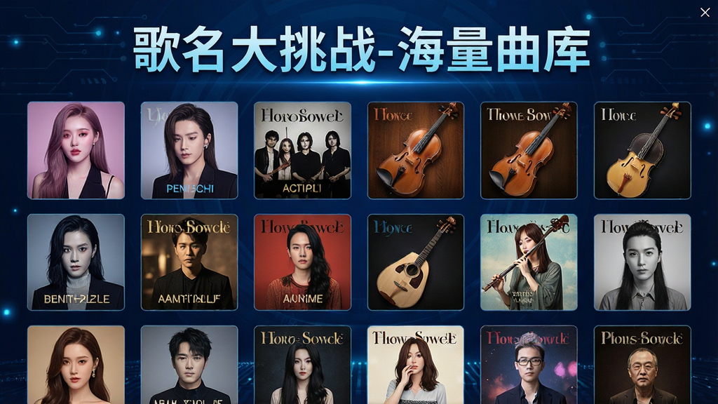 一张展示“歌名大挑战”游戏曲库界面的图片,界面以网格形式呈现多张歌曲封面缩略图,封面风格各异,有流行歌手、乐队、古典乐器等元素,上方标题“歌名大挑战-海量曲库”,背景为深蓝色科技感光效,布局规整,色彩丰富,画质高清,无多余文字与杂物。