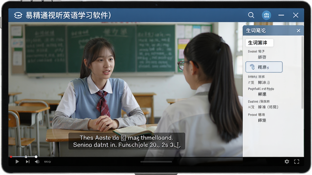 易精通视听英语学习软件(高中版)沉浸式视频学习场景,屏幕正在播放一段校园对话视频,下方同步显示中英双语字幕,右侧有生词笔记栏,视频画面清晰自然,学生可在观看过程中点击单词查看释义,界面友好,画质高清,无多余元素