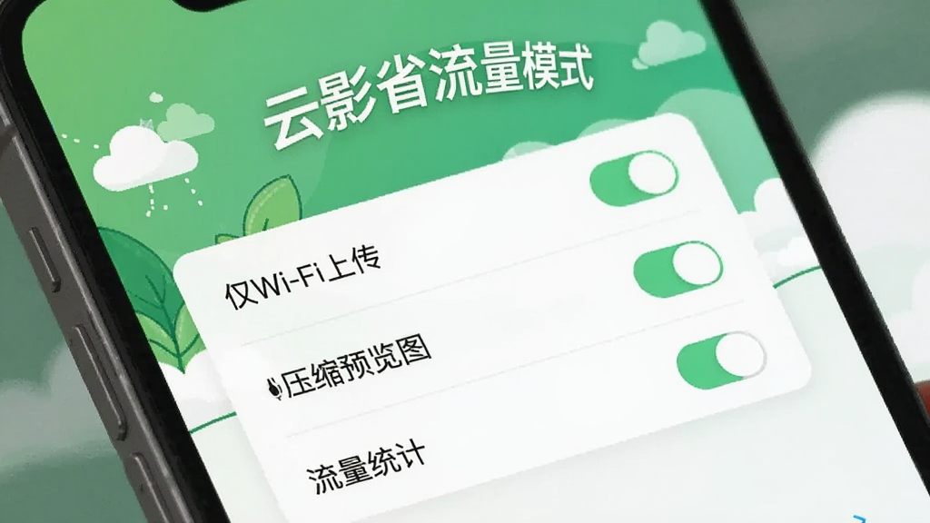 云影软件省流量模式界面,手机屏幕显示设置开关列表,包含“仅Wi-Fi上传”、“压缩预览图”、“流量统计”等条目,背景为绿色与白色搭配的插画,风格清新简洁,突出节能与效率概念,标注“云影省流量模式”文字。