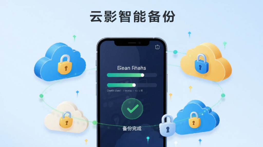 云影软件云端备份功能示意图,画面中央为一部智能手机,屏幕显示上传进度条与“备份完成”字样,四周环绕云朵图标与锁形符号,背景为淡蓝色渐变,科技感插画风格,构图简洁,色彩明快,突出安全与自动化的主题,标注“云影智能备份”文字。