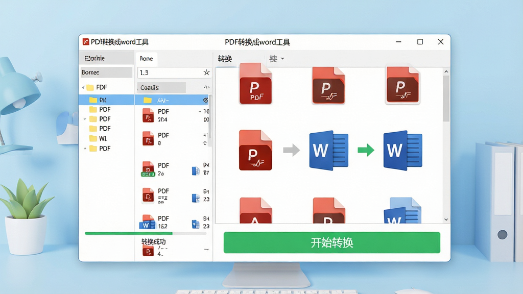 主体:一款名为“PDF转换成word工具”的电脑软件界面,屏幕中显示PDF文件列表与转换进度条。布局:左侧为文件夹选择区域,右侧大窗口展示PDF文件图标正在变为Word文档图标,底部有绿色“开始转换”按钮。排版:软件窗口居中,背景为浅蓝色办公桌面,四周留白干净。风格:扁平化现代设计,色彩清新明亮,界面细节清晰。细节:文字标识“PDF转换成word工具”,转换完成提示“转换成功”,画质:高清渲染,干净整洁,无多余元素。
