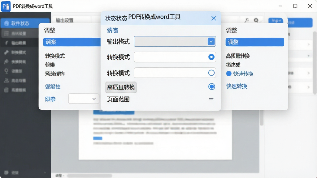 主体:软件设置面板打开状态,显示“输出格式”“转换模式”“页面范围”等选项。布局:设置面板悬浮在主界面上方,下方主窗口显示预览效果,左右两侧有调整选项。排版:选项采用下拉菜单和单选按钮,清晰排列。风格:简约清爽,浅白底色,蓝色点缀。细节:界面文字有“PDF转换成word工具”字样,设置项包含“高质量转换”和“快速转换”两个选项。画质:高清渲染,干净整洁,无多余元素。
