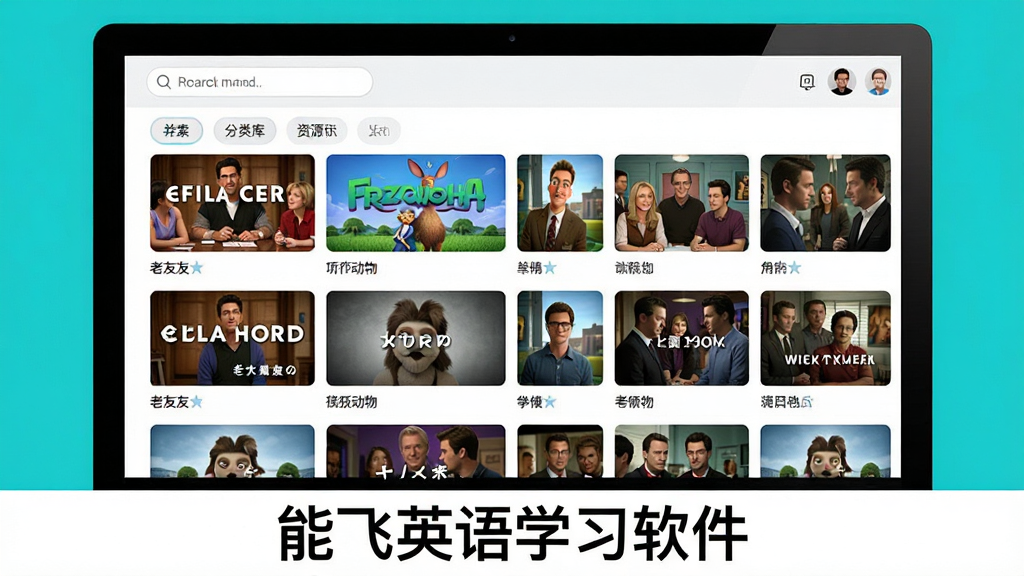 能飞英语学习软件的资源库界面预览,主体为电脑屏幕中展示的影片封面墙,布局为网格状缩略图,包含《老友记》《疯狂动物城》等知名影视,排版整齐,风格明亮活泼,细节有搜索框和分类标签,画质清晰,干净无多余元素,界面底部显示“能飞英语学习软件”字样