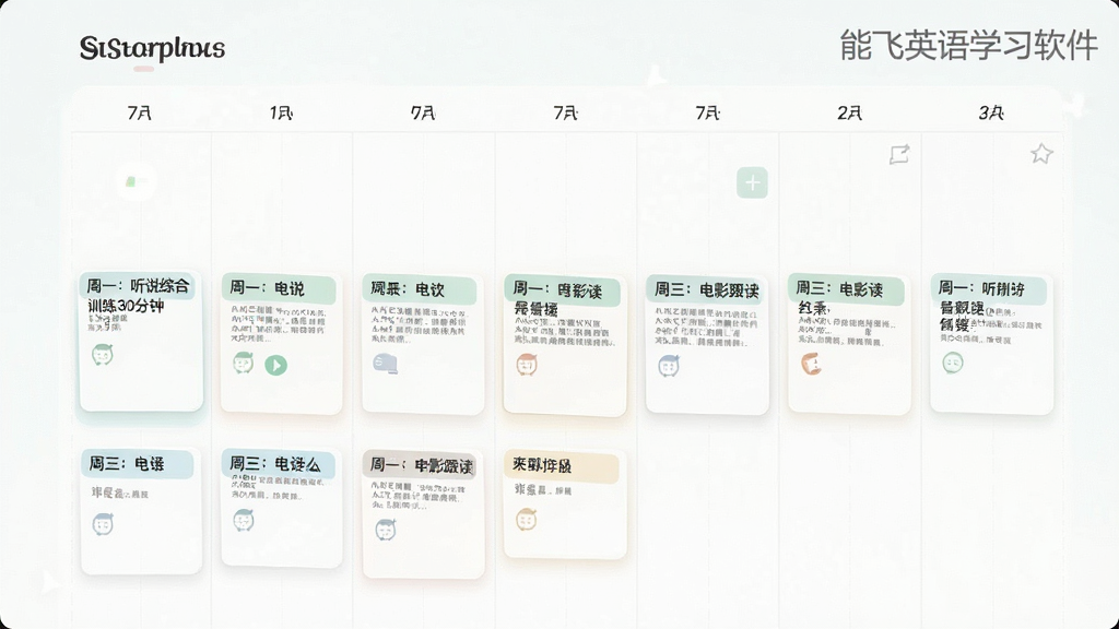 能飞英语学习软件的学习计划制定页面,主体为日历样式的计划表,布局为周视图,每天下方有任务卡片,风格清新简洁,细节显示“周一:听说综合训练30分钟”“周三:电影跟读”等字样,画质柔和,干净无多余元素,右上角有“能飞英语学习软件”水印