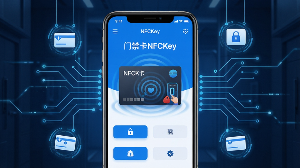 主体:手机屏幕显示门禁卡NFCKey软件界面,界面中有模拟门禁卡的动画效果;布局:手机居中,周围有简洁的科技线条和门禁卡图标点缀;排版:界面元素清晰,功能按钮排列有序;风格:现代科技感,色彩明亮,蓝白主色调;细节:屏幕中显示