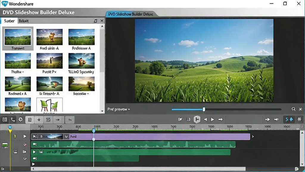 Wondershare DVD Slideshow Builder Deluxe软件主界面预览图,展示其简洁直观的编辑布局,左侧为素材库,中间为预览窗口,下方为时间线轨道,整体风格现代,色彩明亮,画质清晰,无多余元素