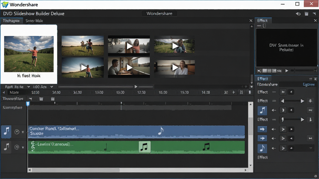 Wondershare DVD Slideshow Builder Deluxe编辑时间线界面,展示照片、视频片段和音乐轨道的布局,带有字幕编辑框和效果控制面板,风格专业细致,界面清晰,画质高,无多余元素