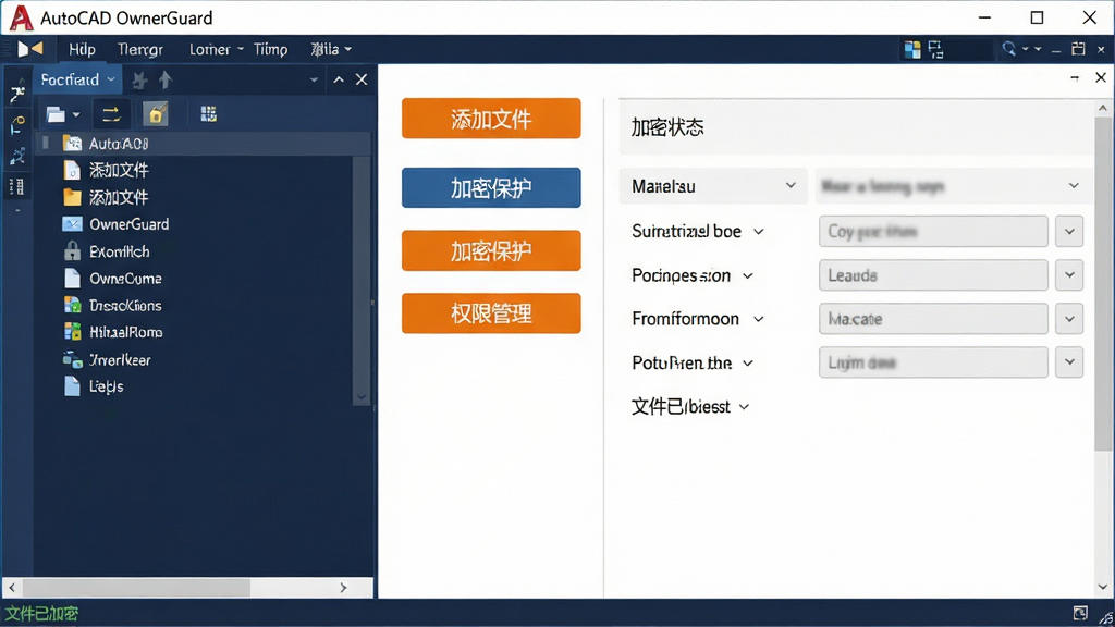 ���壺AutoCAD OwnerGuard���������ͼ�����������������Ϊ�ļ��б����Ҳ���ʾ����״̬��Ȩ��������塣���֣��������ҷ������֣������ɫ��������Ҳ��ɫ�������������Ϊ16:9���Ű棺�������������׶�����ť�������룬ͼ����ͳһ������ִ���ƽ����Ʒ����ɫ��Ϊ�������ɫ�����Գ�ɫ������ť��ϸ�ڣ��������ơ�AutoCAD OwnerGuard����ʾ�ڴ��ڶ��������������溬�С������ļ����������ܱ���������Ȩ�޹������ȹ��ܰ�ť���ײ�״̬����ʾ���ļ��Ѽ��ܡ����������ʣ����壬ϸ�ڷḻ���ɾ����޶���Ԫ�ء�