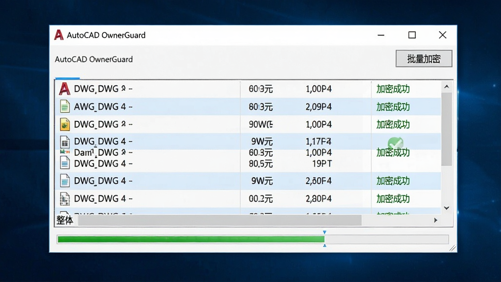 ���壺AutoCAD OwnerGuard�����������������ڣ���ʾ���DWG�ļ����ڱ����ܣ�������ͬʱ�ƽ������֣����ھ���չʾ���ļ��б��������У��ײ���������������Ű棺�б��������ļ�������С��״̬����ϢһĿ��Ȼ����񣺼���Windows����������񣬱���Ϊ��ɫ���б��е���ɫ���е�ɫ��ϸ�ڣ��������Ͻ��С�AutoCAD OwnerGuard�����⣬���Ͻ��С��������ܡ���ť���ļ�״̬��ʾ�����ܳɹ�����ɫ���������ʣ��������ɾ����޶���Ԫ�ء�