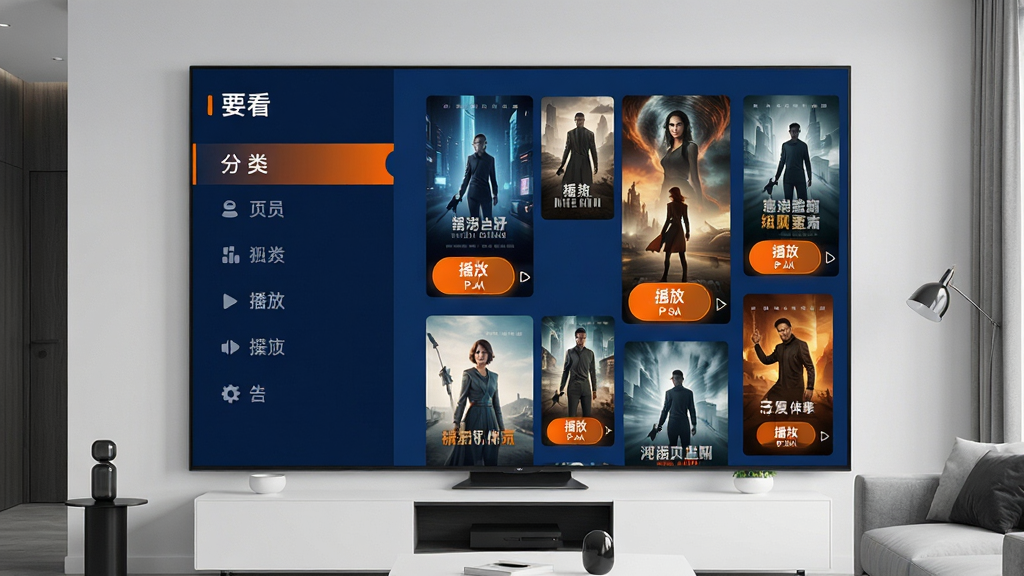 主体为“要看”视频播放软件在现代化客厅大屏上的界面展示,布局采用左右分栏式,左侧为清晰的分类导航栏,右侧为错落有致的影视海报瀑布流。排版风格扁平化,主色调为深蓝色与亮橙色点缀,整体风格科技感与时尚感并存。细节上,每个海报下方都带有醒目的“播放”按钮图标,画质高清,界面干净无多余元素。