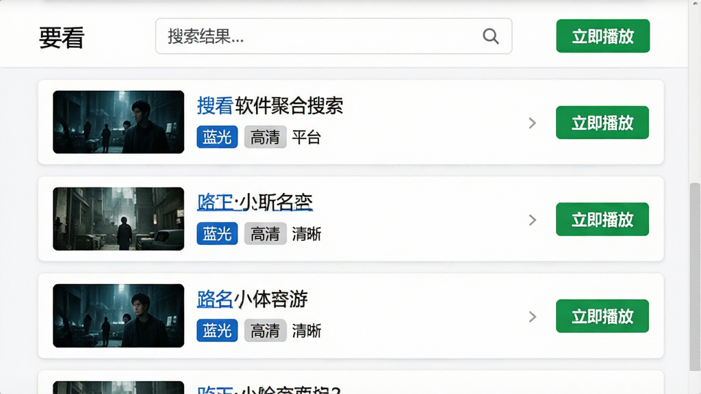 一幅展示“要看”软件聚合搜索功能的界面预览图,主体为搜索结果列表页,布局采用纵向列表排版,每条结果清晰显示片名、来源平台标签(如“蓝光”、“高清”)、清晰度标识。排版规整统一,风格简洁清晰,主色调为白色背景搭配黑色文字与蓝色高亮链接。细节上,每条结果右侧都有绿色的“立即播放”按钮,画质干净,无多余元素。