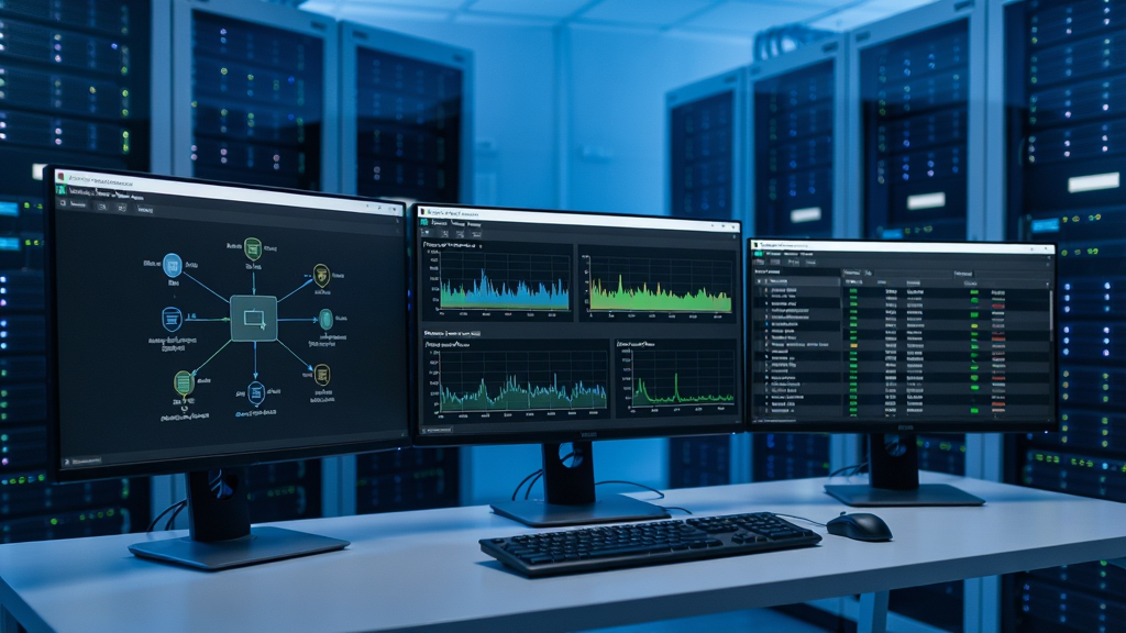 һ���ִ��������Ա����̨����������ڷŶ�̨��ʾ������Ļ��ʾNetwork Administrator Toolkit�������棬���������������ͼ��ʵʱ�������ߡ��˿�״̬�б��������ǻ���������������ɫ��ɫ�����Ƽ��У����廭�ʣ��ɾ�������