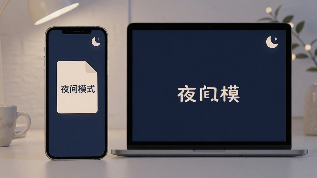 手机与电脑并排展示kan文件阅读器的夜间模式界面,屏幕背景为深蓝色,文字显示为柔和的米白色,页面右上角有月亮图标,界面整体色调柔和,给人舒适护眼的感觉,画面干净,构图平衡,突出护眼功能,文字标注“夜间模式”四字,画质细腻。