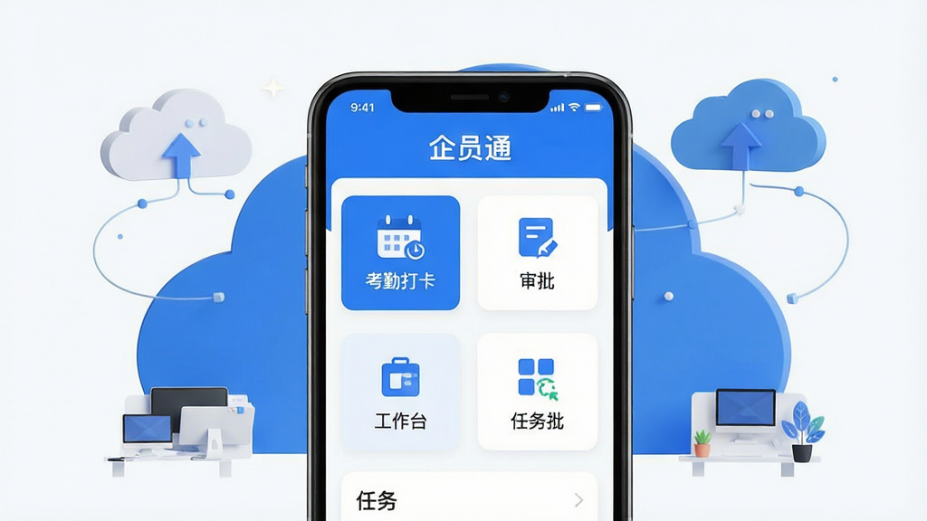 主体:企员通软件主界面展示,手机屏幕显示清晰的考勤打卡、审批、任务等模块图标。布局:居中构图,手机模型置于视觉中心,周围环绕简约的云办公元素。排版:界面UI整洁,功能图标排列有序,顶部显示“企员通”品牌字样。风格:现代扁平化设计,蓝色主色调搭配白色背景,商务科技感。细节:屏幕内容需清晰可辨,包括“考勤打卡”、“审批”、“工作台”等文字。画质:高清渲染,干净无多余元素。