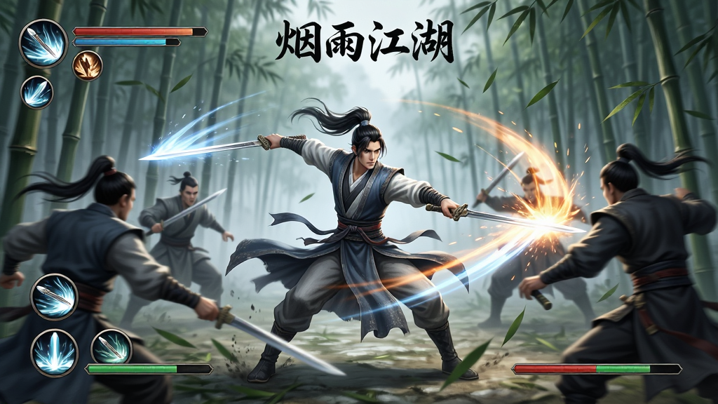 主体:《烟雨江湖》游戏战斗场景,侠客与多位敌人在竹林间激战,技能特效绚丽。布局:侠客居中施放技能,敌人环绕四周,画面动感十足。排版:战斗UI清晰显示技能图标与血量条,特效层次分明。风格:古风写实,水墨光影结合,动作流畅。细节:衣袍与发丝因高速运动飘动,剑气划破空气,竹叶纷飞。画质:8K超清,动态模糊与粒子效果出色。干净,无多余元素。