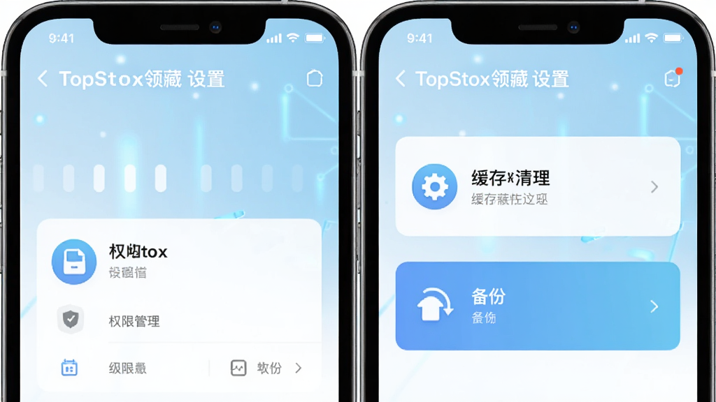 展示TopStox领藏手机端设置页面,包含权限管理、缓存清理与备份选项,界面简洁明了,背景为淡蓝色科技感渐变,图标风格统一,文字清晰,画质细腻,无多余元素,标注“TopStox领藏 设置”