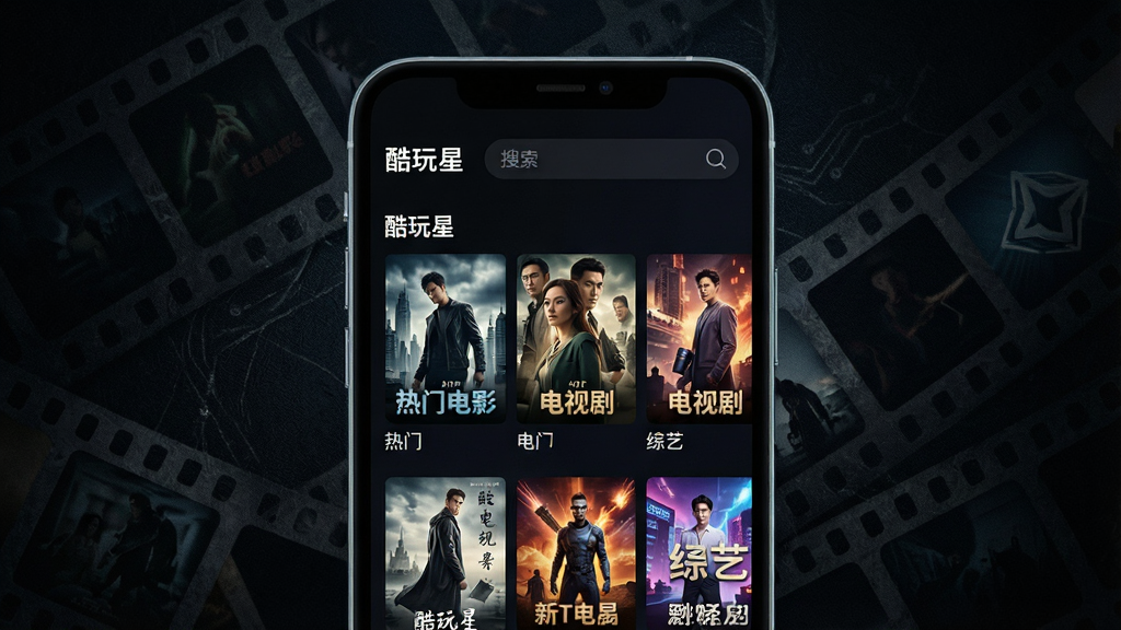 一张“酷玩星”影视内容聚合界面预览图,背景为深色电影质感,手机屏幕展示分类清晰的影视海报墙,包括热门电影、电视剧、综艺等封面,顶部有“酷玩星”字样和搜索框,画面具有科技感与沉浸感,风格现代,细节丰富,画质清晰,无多余元素