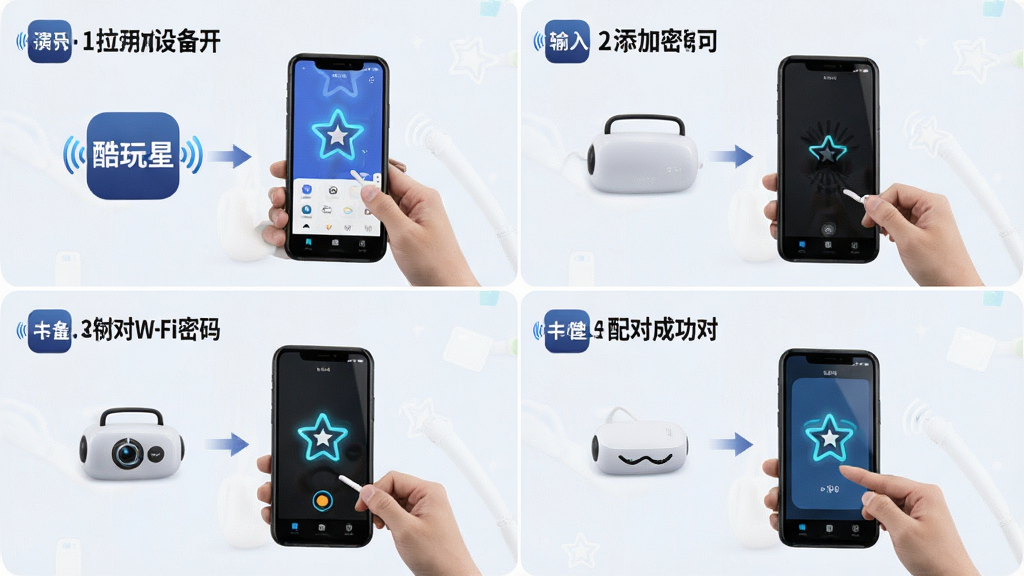 一张演示“酷玩星”连接步骤的教程图,画面分为四格,分别展示打开应用、添加设备、输入Wi-Fi密码、配对成功四个步骤,背景为浅色教程风格,包含“酷玩星”图标,画质清晰,步骤明确,干净无多余元素