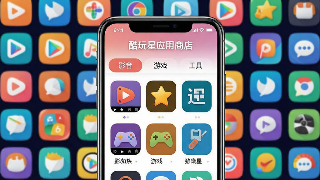一张“酷玩星”内置应用商店界面截图,背景为多彩的APP图标墙,手机屏幕显示“酷玩星应用商店”页面,包含“影音”、“游戏”、“工具”等分类标签,风格活泼,色彩明亮,画质流畅,干净无多余元素