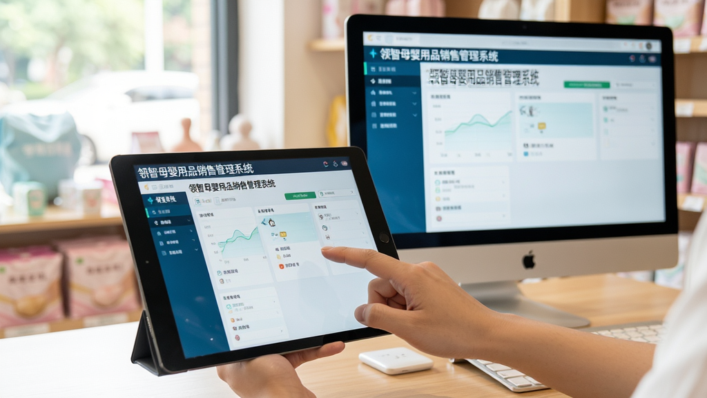 主体:一个人用手指在平板电脑上操作“领智母婴用品销售管理系统”的界面,旁边放着一台电脑。布局:平板和电脑前后错落,平板在前,电脑显示屏显示相同软件界面。排版:画面干净,聚焦于操作场景。风格:写实生活场景风格,自然光,背景为母婴店一角。细节:平板屏幕上显示“领智母婴用品销售管理系统”字样,界面清晰可见,画质干净。