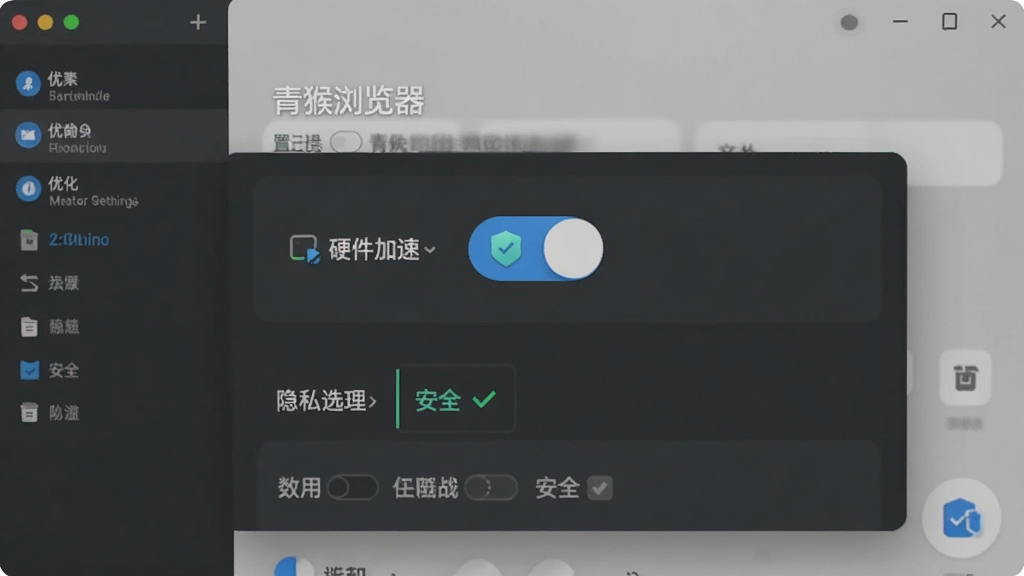 青猴浏览器设置界面,展示“硬件加速”开关与隐私选项,背景为系统设置风格,主体为开关按钮与文字,布局清晰,细节突出“优化”与“安全”,画质干净整洁。