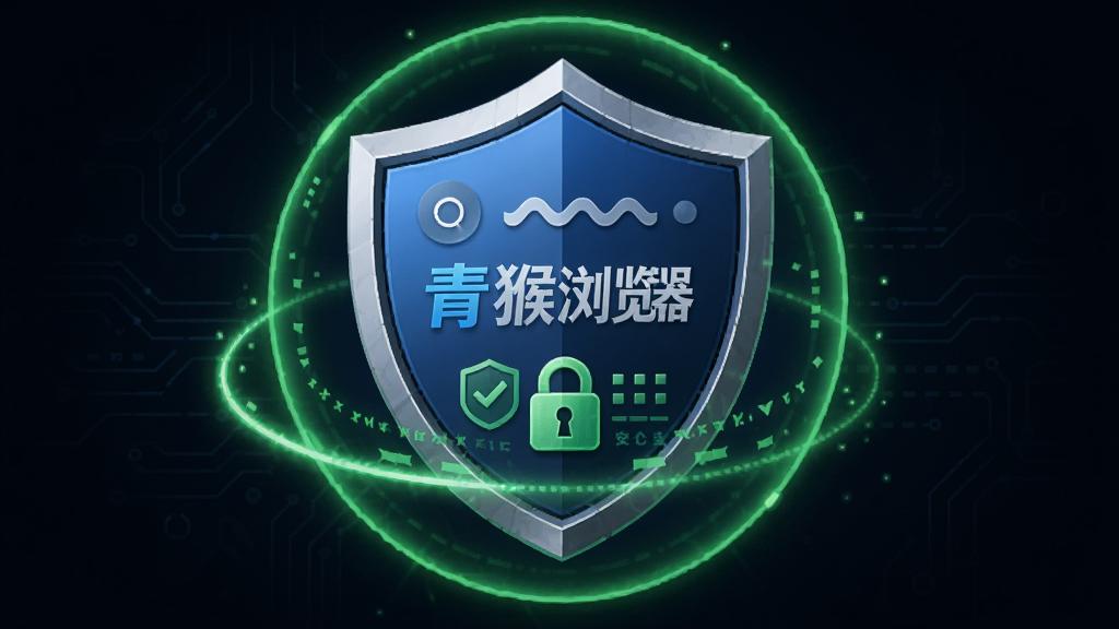 青猴浏览器安全盾牌图标,周围环绕绿色防护光环,背景为深色科技感,主体突出盾牌与浏览器字样,排版稳重,细节包含锁形符号与安全校验字样,画质干净无杂乱元素。