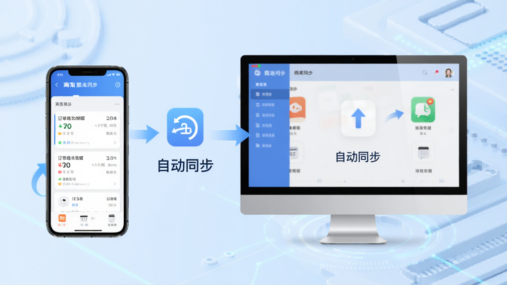 淘宝流水帐智能同步示意图,界面展示手机与电脑同步过程,订单数据自动导入,图标设计流畅,背景为淡蓝色科技感风格,文字标注“自动同步”,画质清晰,排版整洁