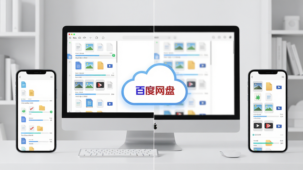 主体:手机和电脑同时显示百度网盘上传大量文件的画面,背景为简约书房。布局:左右分屏,左侧电脑,右侧手机,中间有云朵图标。排版:文件列表滚动,进度条清晰。风格:干净,现代,浅色调。细节:云朵上写“百度网盘”字样,文件图标包括文档、图片、视频。画质:高清,干净,无多余元素。