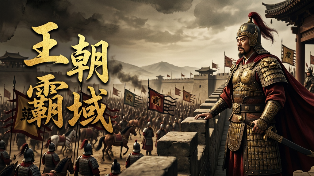 主体为三国古风战争场景,一位身披铠甲的主公站在城楼上远眺战场,下方千军万马奔腾,旌旗猎猎,画面左侧有“王朝霸域”四个烫金大字,整体布局恢弘大气,采用写实与水墨结合风格,色调以暗金和深红为主,细节刻画精细,画质高清干净,无多余元素。