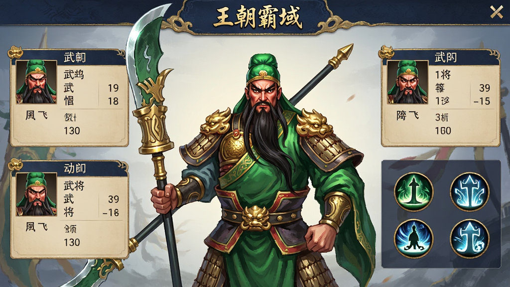 主体为《王朝霸域》武将展示界面,中间是关羽的半身立绘,身穿绿色战袍,手持青龙偃月刀,周围环绕着武将属性面板和技能图标,界面采用深蓝与金色配色,布局清晰,风格为精致手绘风,细节丰富,画质高清干净。