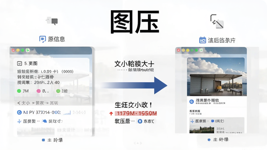 图压软件进行格式转换的演示,左侧为原图信息,右侧为转换后的图片文件,箭头连接,展示文件大小对比数据,背景简洁,突出“图压”字样,画质清晰