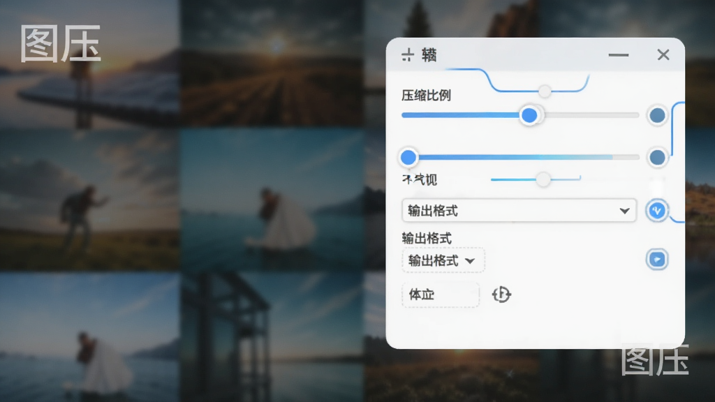 图压软件自定义设置面板截图,包含滑块调节压缩比例、下拉菜单选择输出格式,背景为模糊处理过的图片素材,整体视觉科技感强,有“图压”软件水印,构图专业
