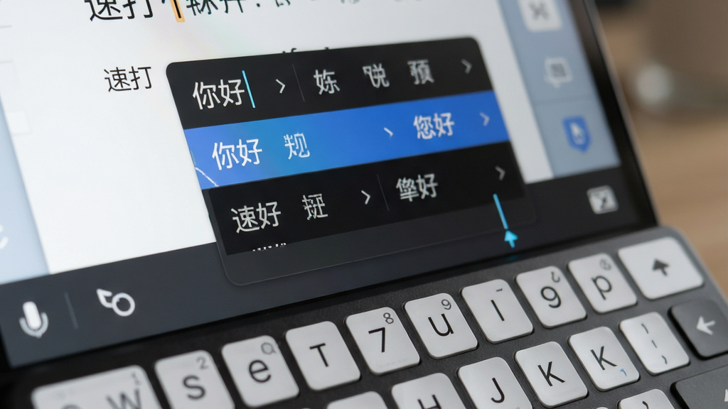 主体:速打软件在文档中输入文字的场景特写,屏幕显示输入法候选框中有多个预测词语。布局:侧视图,突出键盘和屏幕内容。排版:候选词横向排列,高亮显示首选词。风格:写实风格,色调柔和。细节:屏幕中“速打”候选框包含“你好”、“您好”等词语,光标闪烁。画质:清晰锐利,无多余元素。