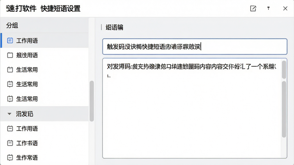 主体:速打软件快捷短语设置界面,左侧为分组列表,右侧为短语编辑框。布局:左右分栏结构,清晰展示管理逻辑。排版:列表项整齐,编辑框有示例文字。风格:简洁商务风格。细节:分组包括“工作用语”、“生活常用”,编辑框内输入了触发码和对应内容。画质:界面干净,无多余元素。