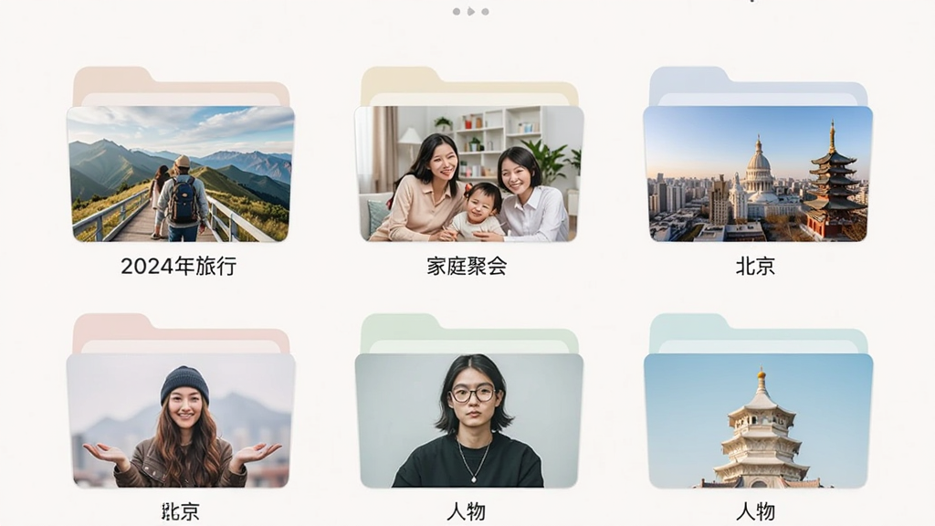 数码照片伴侣智能分类功能的界面预览图,屏幕上有多个相册文件夹,分别标注着“2024年旅行”、“家庭聚会”、“北京”、“人物”等标签,每个文件夹封面显示代表性照片,界面风格扁平化,色彩柔和,画质清晰,干净无多余元素。