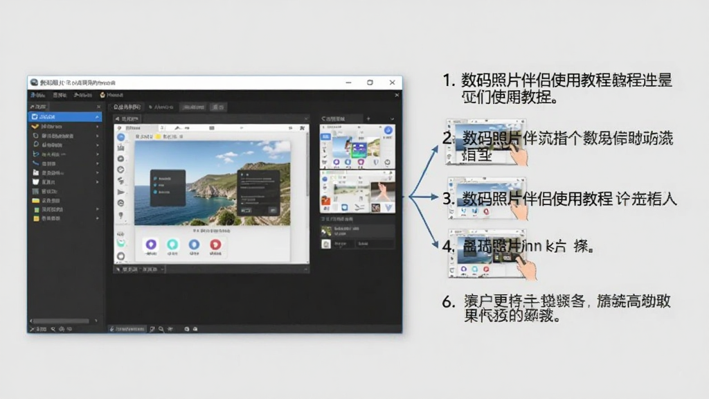 数码照片伴侣使用教程的演示截图,画面左侧为软件操作界面,右侧有步骤说明文字,背景为浅灰色,整体布局清晰,画质干净。