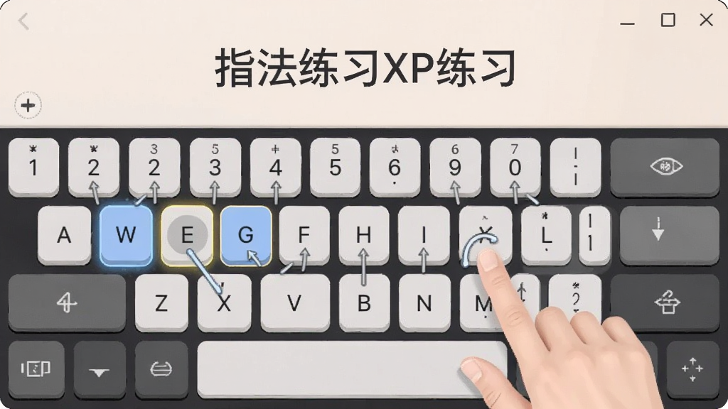指法练习XP练习界面,下方虚拟键盘高亮显示当前按键,手指示意图标注在键位上,界面柔和,文字清晰,干净无广告