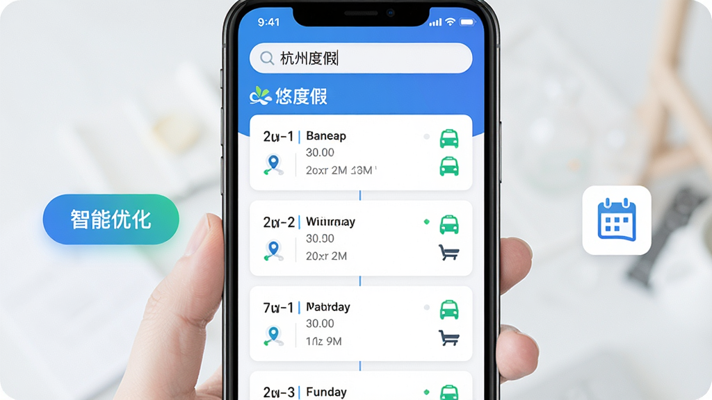 主体:“悠度假”智能行程规划功能界面截图,屏幕显示从北京到杭州的七日游行程列表,包含每日景点安排与时间轴。布局:手机屏幕占据画面中央,左侧悬浮显示“智能优化”按钮,右侧有日历图标。排版:行程以卡片式纵向排列,每个卡片包含时间、地点和交通方式图标。风格:现代简约,蓝白主调配以绿色点缀。细节:画面清晰标有“悠度假”品牌logo,顶部搜索栏输入“杭州度假”,整体画质干净明亮。