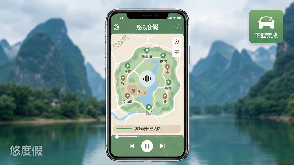 主体:“悠度假”离线地图与语音导览功能演示,手机屏幕显示景区地图与语音播放界面,背景为山水实景。布局:手机画面中央,右上角有离线包下载完成标识,下方有播放控制条。排版:地图色彩柔和,景点标注清晰,语音界面简洁。风格:清新自然,绿色与米色搭配。细节:屏幕上有“悠度假”品牌水印,以及“离线地图已更新”提示。画质:高分辨率,干净无多余元素。