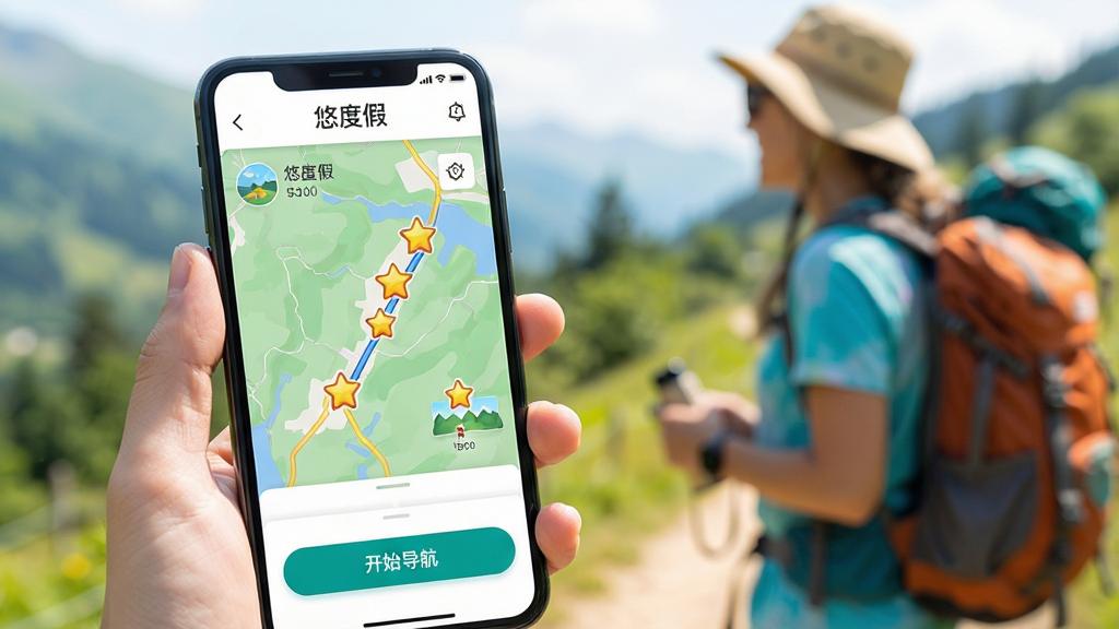 主体:“悠度假”在手机上的使用场景特写,屏幕显示导航地图与行程卡片,背景为户外旅行者手持手机。布局:手机屏幕清晰,前景为地图,背景虚化。排版:地图上标注景点星标,底部有“开始导航”按钮。风格:明亮自然,色彩丰富。细节:手机顶部显示“悠度假”名称,整体画面干净无多余元素。