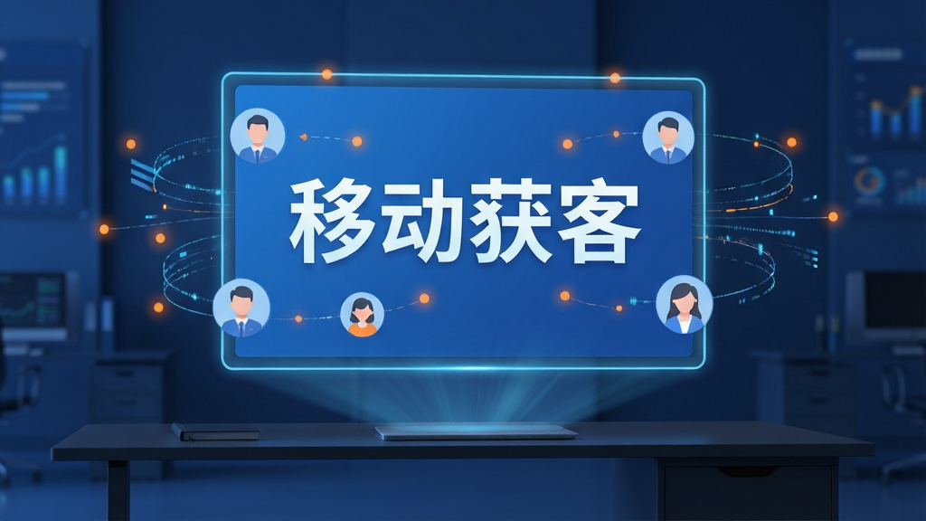 画面主体是一块悬浮在科技感办公场景中的全息投影屏幕,屏幕上清晰显示着“移动获客”四个大字,周围环绕着代表潜在客户的人像图标和流动的数据线条。布局采用中心构图,屏幕位于画面中央偏上,下方是简洁的深色办公桌面。排版风格现代简约,科技蓝为主色调,辅以代表数据活跃度的橙色光点。整体风格是扁平化与轻拟物结合的商业科技风。细节上,投影屏幕边缘有微弱的发光效果,数据线条闪烁移动。画质要求高清,干净,无多余元素,突出软件的专业与高效感。