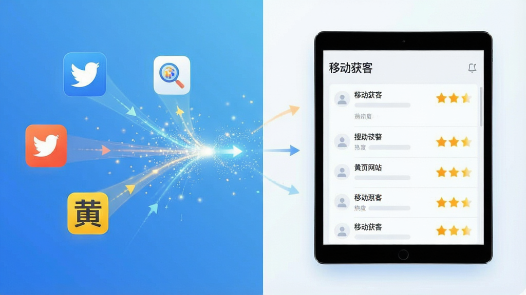 画面布局为左右分屏样式,左侧是多个不同颜色的数据源图标(如社交媒体、搜索引擎、黄页网站)向中心汇聚成光的动效,右侧则是一台正在运行的平板电脑,屏幕上显示着“移动获客”的线索列表界面,列表中的每条线索旁都有清晰的热度星级评定。排版上,左侧动效与右侧界面形成视觉引导线。整体风格采用清爽的蓝白渐变背景,图标简洁直观。细节上,数据汇聚的光线带有粒子效果,屏幕界面干净无多余UI干扰。画质高清,明亮通透,突出数据整合的智能与高效。