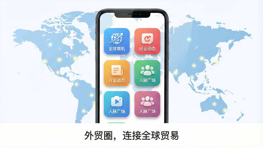 主体:智能手机屏幕展示外贸圈APP主界面,界面包含“全球商机”、“行业动态”、“人脉广场”等彩色功能模块图标,背景为淡蓝色世界地图轮廓。布局:手机居中,屏幕内容清晰可见,四周留白,下方配以简洁的“外贸圈,连接全球贸易”文字。排版:手机竖屏展示,界面图标采用圆角矩形网格分布,风格现代简约。细节:屏幕反射柔和光线,图标有细腻阴影,地图上点缀小光点表示贸易节点。画质:高清渲染,色彩明亮通透,干净无多余元素。